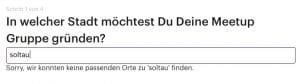 Screenshot von meetup.com mit Abfrage nach Soltau - Soltau wird nicht gefunden