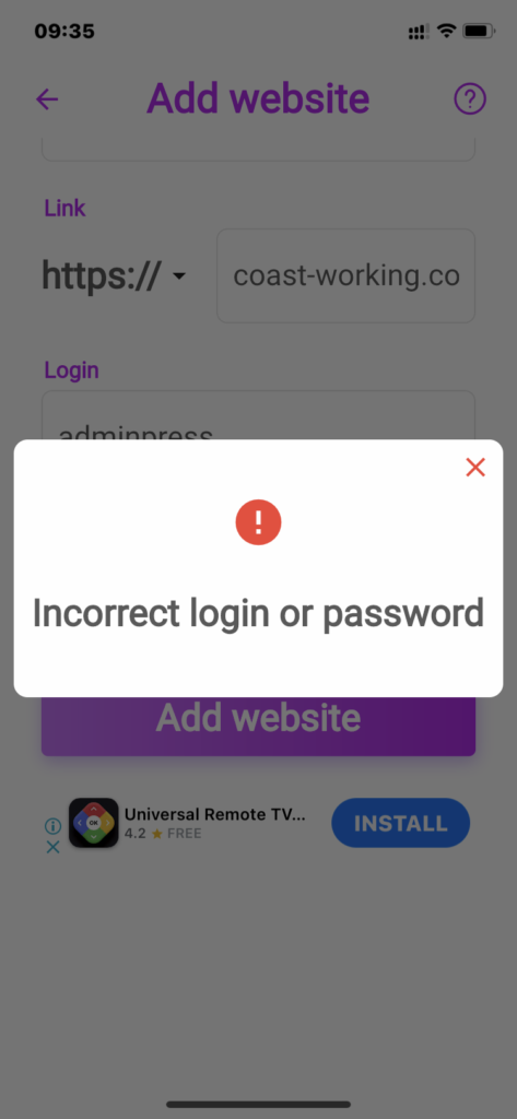 Pinta iPhone App Error message when trying to connect to my WooCommerce site 